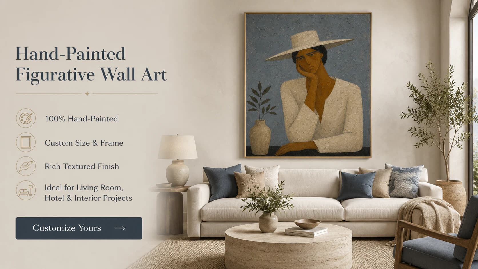 Hand-painted figurative wall art above a cream sofa in a modern living room
