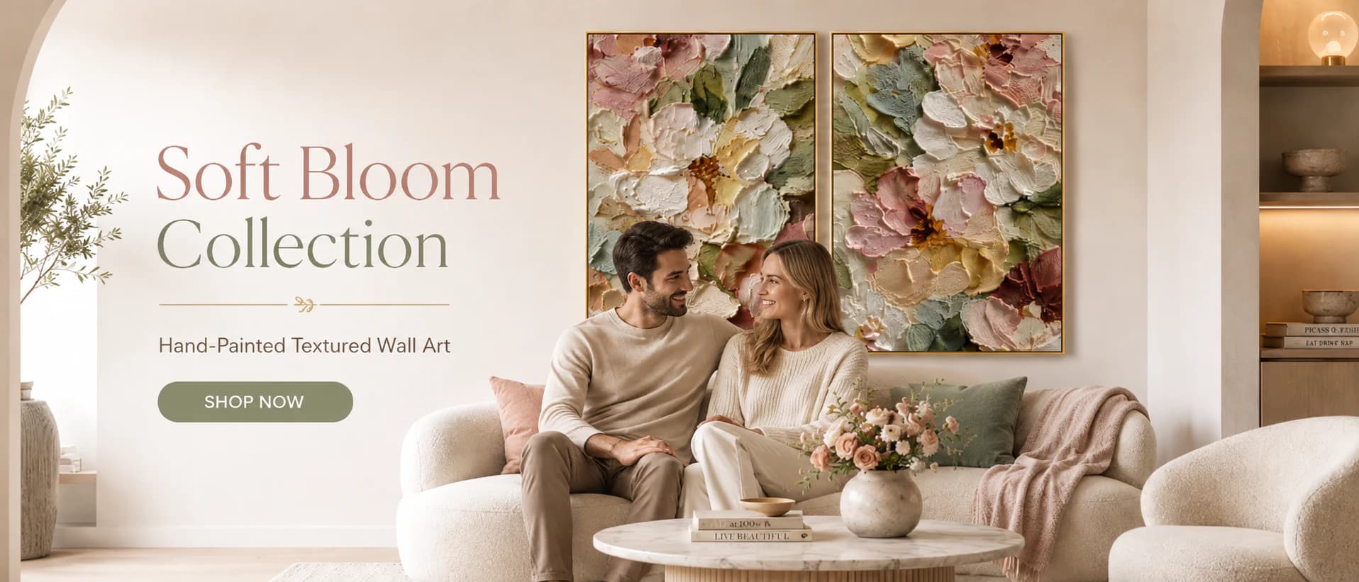 Soft Bloom textured floral wall art collection in a warm living room