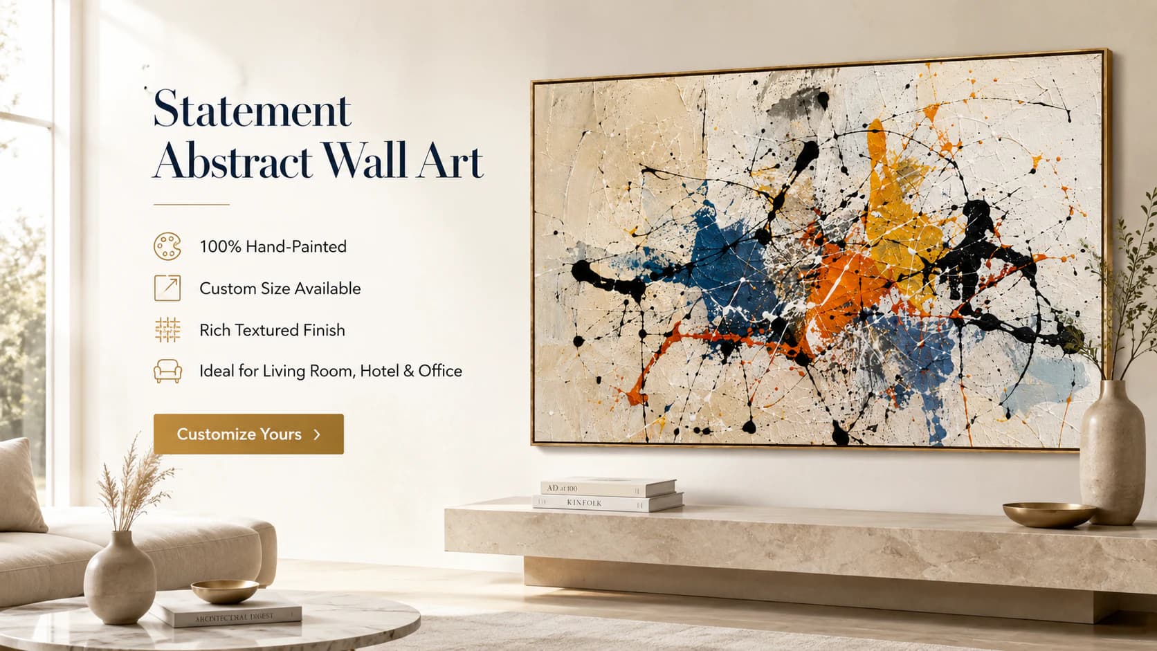 Statement abstract hand-painted wall art in a bright neutral living room